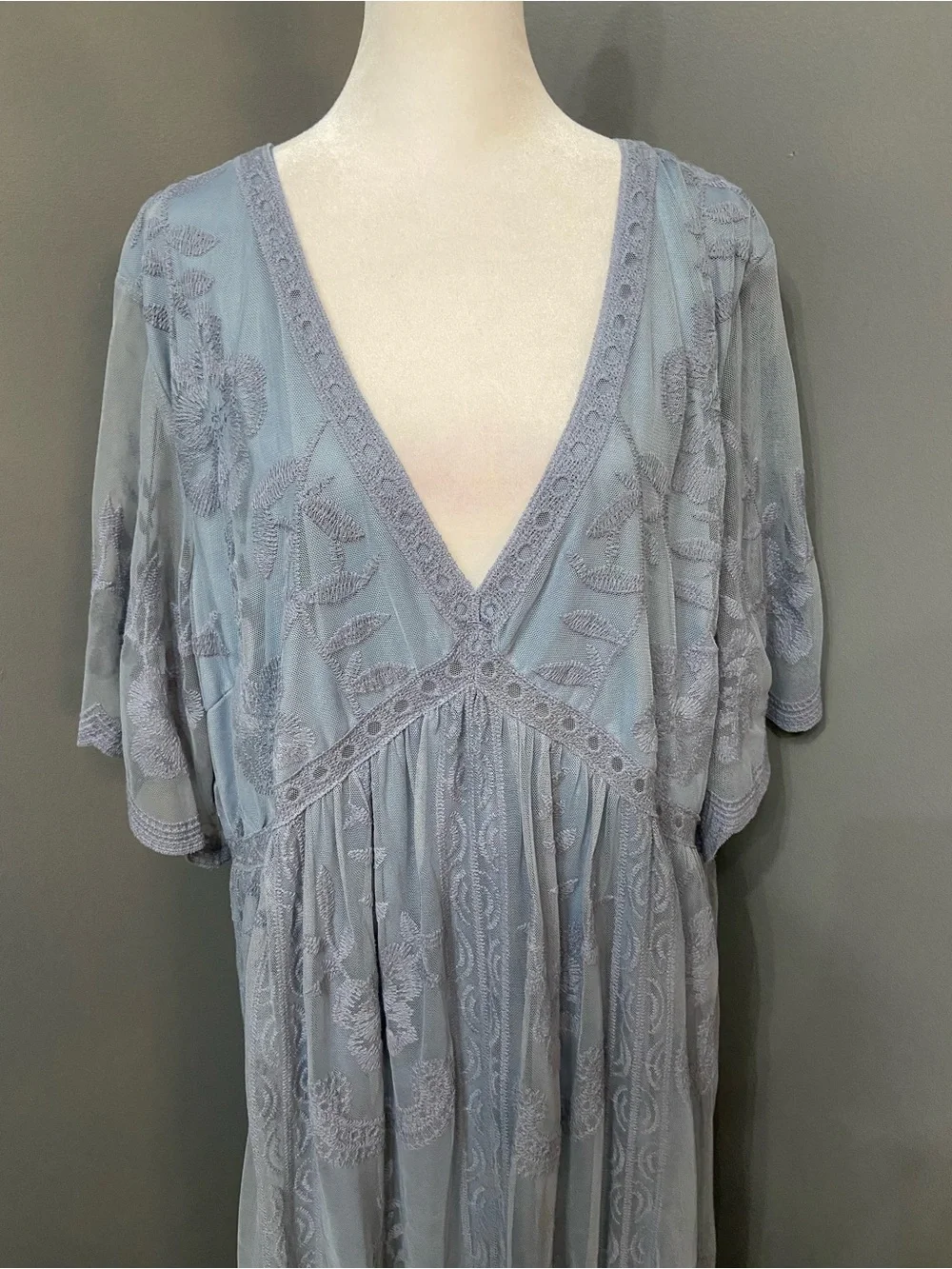 PINKBLUSH Light Blue Mesh/Lace Overlay Maternity Maxi Dress 3X Deep V-Neck Gown - Picture 6 of 17